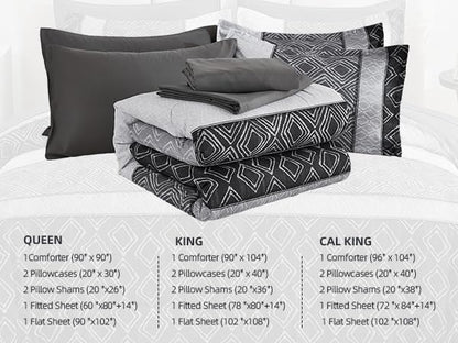 Dinjoy Black/Gray King Size Comforter Set, Warm Boho Bed in a Bag King 7 Pieces Fall Striped Bedding Mens Comforters Sets Patchwork Bed Sets Complete Decor for Women Winter