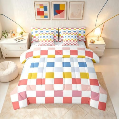 Feelyou Multicolored Checkered Retro Comforter Set with Sheets 7 Piece Twin Size Geometric Cute Bed in a Bag Kids Boys Girls Colorful Bedding Set Modern Groovy Aesthetic Bedroom Decor Breathable Soft