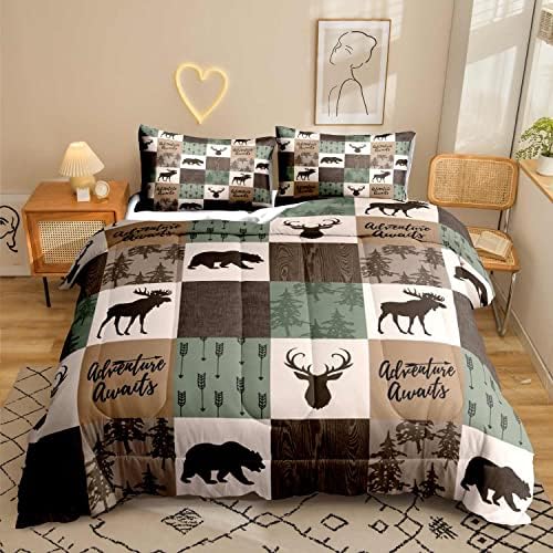 LUVIVIHOME 3PCS Rustic Cabin Comforter Set, Brown Sage Green Queen Comforter, Bear Deer Elk Moose Woodland Forest Animal Wildlife Country Farmhouse Lodge Bedding Sets Patchwork Quilt, 2 Pillow Shams
