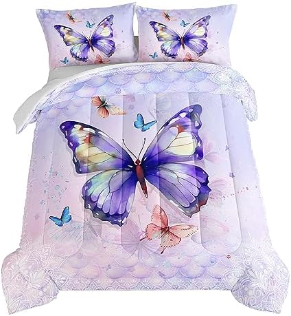 HOSIMA Butterfly Full Size Comforter with 2 Pillowcases,Mandala Butterfly Bedding Sets for Girls Teen Women Room Decor,Purple Butterfly Full Size Bed in a Bag,College Dorm Essentials for Girls.