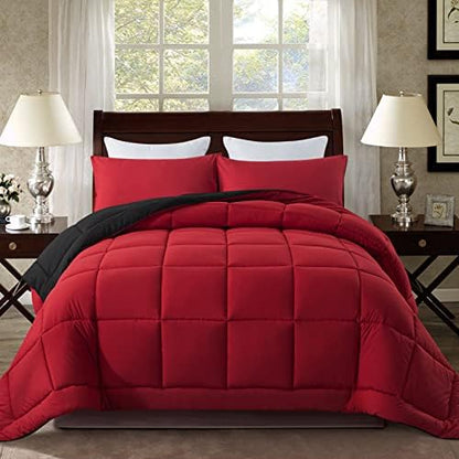 DOWNCOOL King Size Comforter Set -All Season Bedding Comforters Sets with 2 Pillow Cases -3 Pieces Bed Set Down Alternative King Bedding Set -Red/Black King Comforter Set(102"x90")