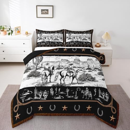Manfei Western Comforter Set Twin Size, Cowboy Riding Horse Bedding Set 2pcs, Wild West Cactus Country Down Comforter for All Season Black White, Kids Boys Girls Room Decor, 1 Pillowcase