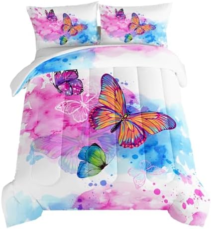 HOSIMA Butterfly Comforter Set for Girls,Pink Butterfly Comforter Twin Size for Girls Kids Women Bedroom Decor,Color Ink and Colorful Butterfly Pattern Twin Bedding Set,Butterfly Bed Set for Girls.