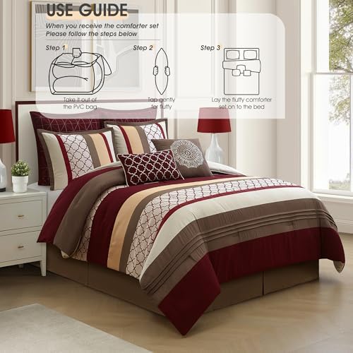 LANCO MODERN LIFESTYLE Queen Comforter Set, Berry Taupe Bedding Set, Jacquard Woven with Embroidery, 8 Pieces Bed in a Bag, Bed Skirt, Shams and Decorative Pillows