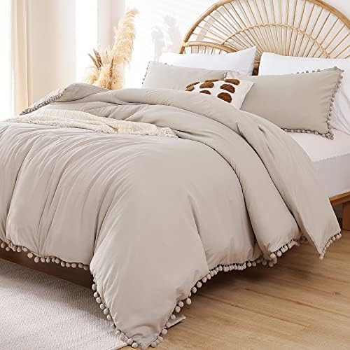 YIRDDEO King Size Comforter Set, Oatmeal Ball Pom Fringe Bedding Set 3 Pcs