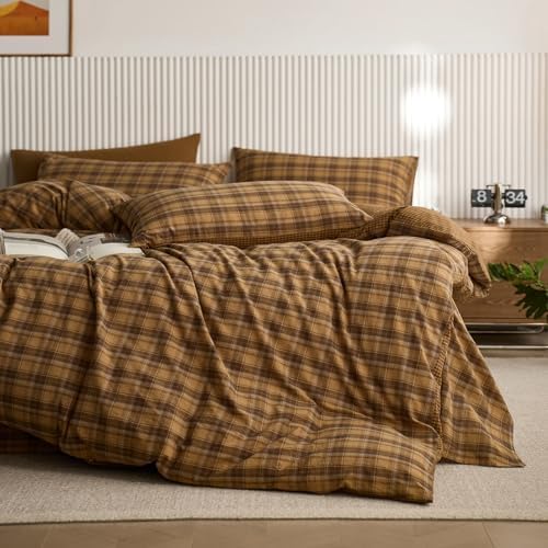 LifeTB Vintage Buffalo Plaid Duvet Cover Queen Size, Soft 100% Washed Cotton Gingham Bedding Set with Mustard Yellow&Brown Grid, Breathable Farmhouse Gingham Duvet Cover with 2 Pillowcases