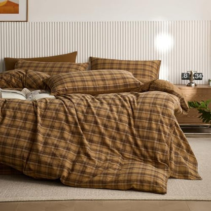 LifeTB Vintage Buffalo Plaid Duvet Cover Queen Size, Soft 100% Washed Cotton Gingham Bedding Set with Mustard Yellow&Brown Grid, Breathable Farmhouse Gingham Duvet Cover with 2 Pillowcases