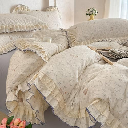 VM VOUGEMARKET Cute Rabbit Duvet Cover Twin with Ruffles Botanical Flower Duvet Cover with Zipper Ties Soft Muslin Cotton Romantic Girls Lace Comforter Cover with 2 Pillow Shams