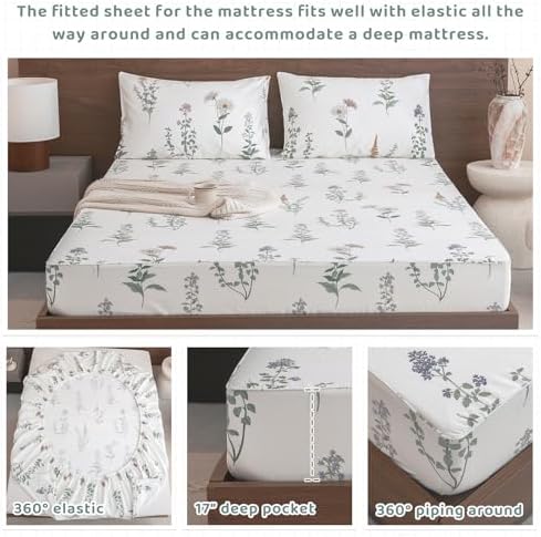 QSH Floral King Size Sheet Sets - 100% Egyptian Cotton Floral Bedding Sheets Flower Pattern Printed Bedding King Size Bed Sheets 17.5" Extra Deep Pocket 4pcs