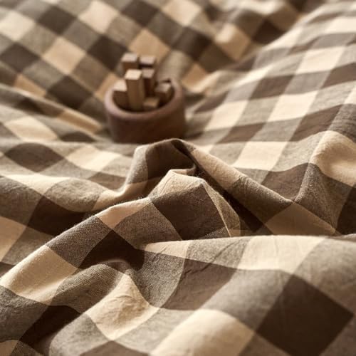 LifeTB Vintage Gingham Duvet Cover Twin XL, 100% Washed Cotton Brown Beige Plaid Checkered Comforter Cover with 2 Pillowcases, Breathable Grid Farmhouse Gingham Bedding Set for All Seasons