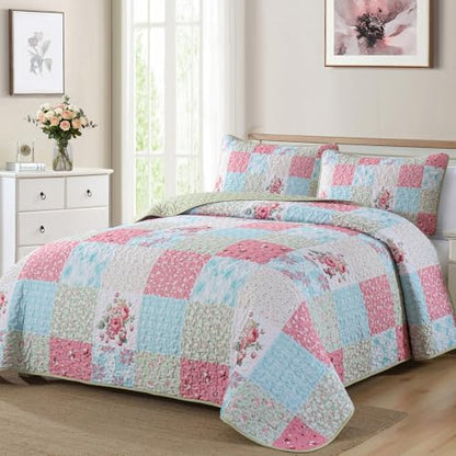 Mybedsoul Boho Quilts Queen Size, Patchwork Bedding Set, Blue Pink