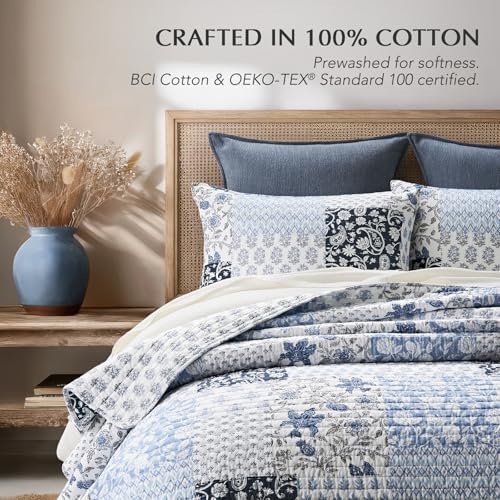 EverGrace 100% Cotton Patchwork Quilt Set, Queen Size, Coastal Blue 96"×92"