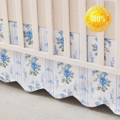 Brandream Scallop Edge Organic Cotton Crib Skirt, Baby Girl Crib Skirt Toddler Bedskirt Farmhouse Chic Nursery Crib Bed Skirt French Vintage Cottagecore with Rose Floral Botanical Stripe Print Skirt