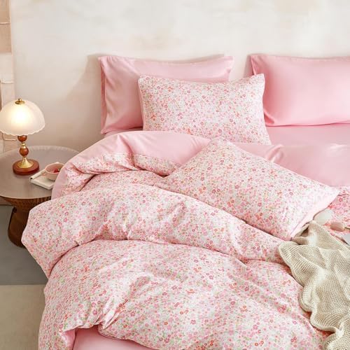 Wake In Cloud - Floral Comforter Set, Cute Vintage Flower Cottagecore Aesthetic for Women Teen Girls, Soft Lightweight Dorm Bedding, 3 Pieces, Pink, Twin/Twin XL Size