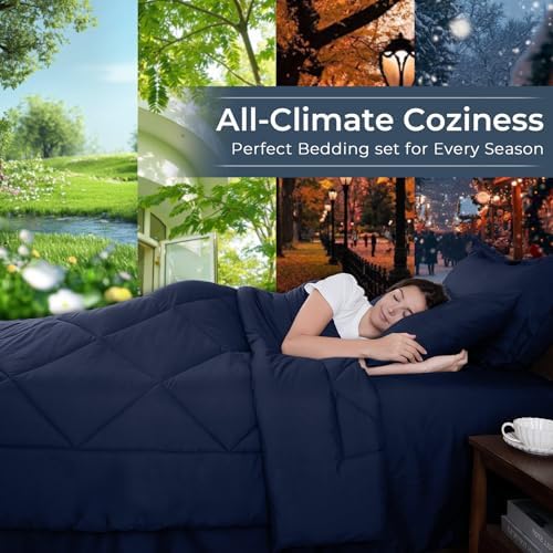 HEVUMYI 7-Piece California King Comforter Set, Navy Bed in a Bag
