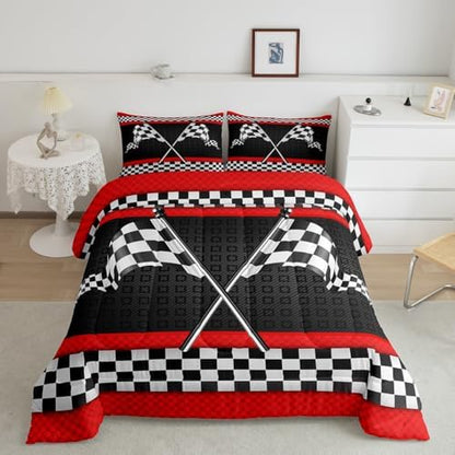 Castle Fairy Race Car Themed Comforter Set Queen Size,Black White Checkered Flag Print Bedding Set for Women Adult,Red Stripes Geometric Grid Plaid Luxury Bed Duvet Insert, 2 Pillowcases