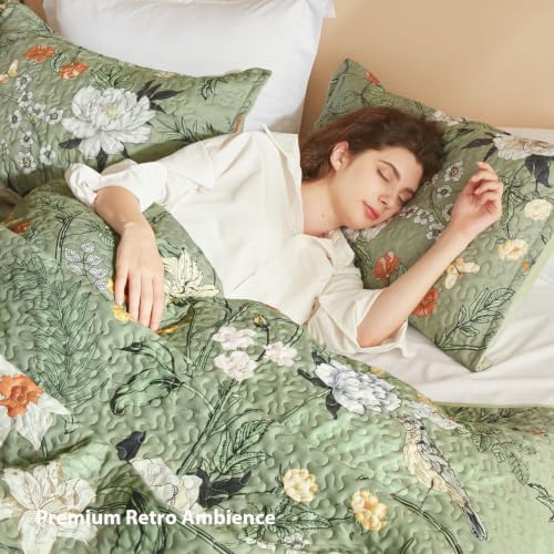 Litanika Floral Green Quilt California King - 3Pcs Botanical Birds Bed Set