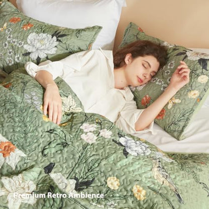 Litanika Floral Green Quilt California King - 3Pcs Botanical Birds Bed Set