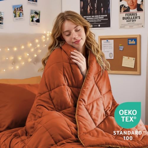 MUXHOMO 5 Pieces Twin XL Comforter Set, Reversible Bed in a Bag Twin XL Size, All Season Bedding Set with Comforter, Flat Sheet, Fitted Sheet, Pillowcases & Shams, Burnt Orange & Camel