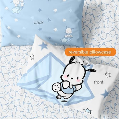 Sanrio Pochacco Bedding 7 Piece Super Soft Cozy Reversible Comforter and Sheet Set with Sham, Full, (Officially Licensed Product) By Franco