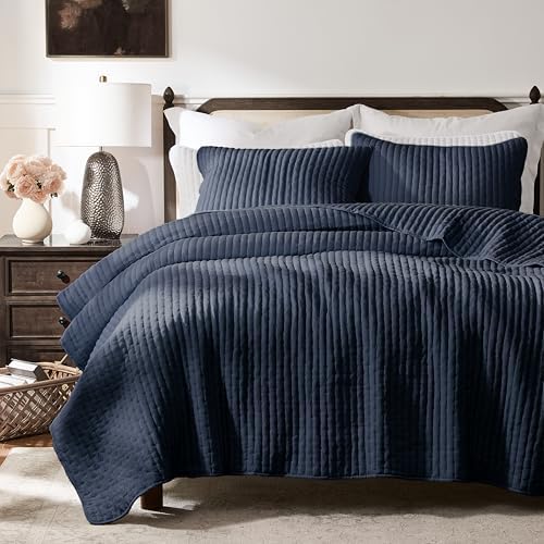 WDCOZY Navy Blue Cross Stitch Queen Size Quilt Set, Striped Lightweight Soft Bedspread, Channel Farmhouse Rustic Coverlet, All Season Country Bedding, Thin Comforter