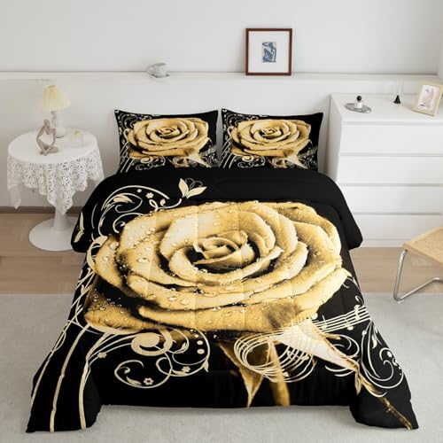 Feelyou Yellow Rose Floral Comforter Set King Size Couple Valentine's Day Botanical Comforter for Girls Women Lover Music Blossom Flowers Bedding Set Romantic Duvet Set Room Decor
