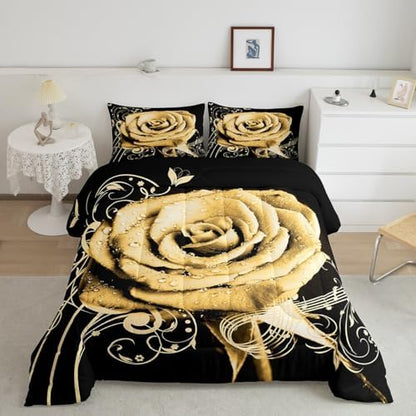 Feelyou Yellow Rose Floral Comforter Set King Size Couple Valentine's Day Botanical Comforter for Girls Women Lover Music Blossom Flowers Bedding Set Romantic Duvet Set Room Decor