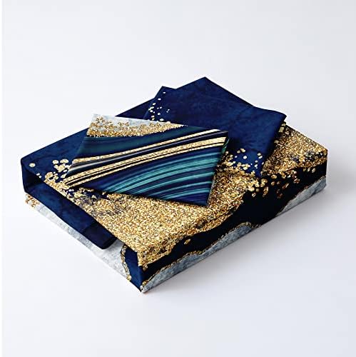 Royal Blue Marble Duvet Cover Set Queen Size Sequin Gold Bedding Comforter Covers with 2 Pillow Shams Breathable Durable Soft Comfy