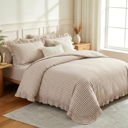 Nayoroom Brown Ruffle Gingham Comforter Set Queen Plaid Checkered Bedding
