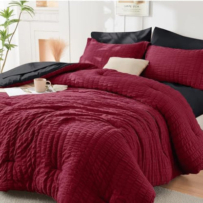 HYMOKEGE Red & Black Twin XL Comforter Set Seersucker 5 Pieces, All Season Luxury Bed in a Bag for Bedroom, Bedding Set with Comforter, Sheets, Pillowcase & Sham