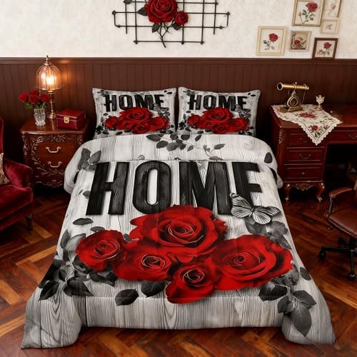 Castle Fairy Red Rose Kids Comforter Set,Wooden Plank Rustic Farmhouse Bedding Set All Season,Boys Girls Teens Bedroom Decor,Valentine's Day Romantic Comforter Toddler Size,1 Pillowcase