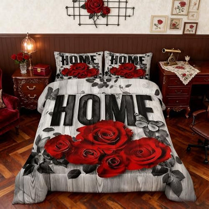 Castle Fairy Red Rose Kids Comforter Set,Wooden Plank Rustic Farmhouse Bedding Set All Season,Boys Girls Teens Bedroom Decor,Valentine's Day Romantic Comforter Toddler Size,1 Pillowcase