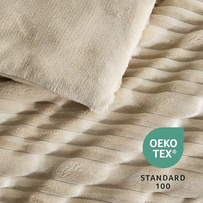 Amélie Home Fluffy King Comforter Set, Ribbed Fleece Bedding Set, Beige