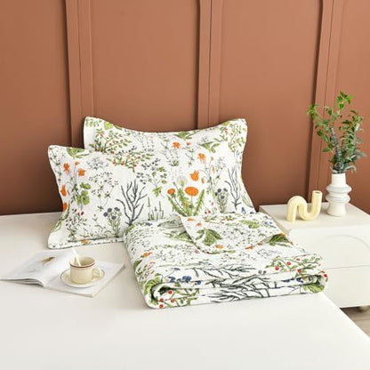 Lady Ann 100% Cotton Floral Quilt Sets Queen - Yellow Flowers & Leaves Pattern Plant Botanical Printed Quilted Bedding, 3 Pcs Lightweight Extra Soft Queen Bedspread Coverlet Set for All Season
