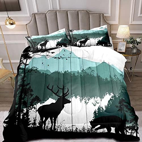 LUVIVIHOME 2PCS Black Bear Deer Comforter Set Twin Size, Rustic Cabin Bedding Teal Mountain Pine Tree Woodland Forest Animal Wildlife Hunting Lodge Quilt Country Farmhouse Bedroom Decor, 1 Pillow Sham