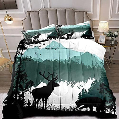 LUVIVIHOME 2PCS Black Bear Deer Comforter Set Twin Size, Rustic Cabin Bedding Teal Mountain Pine Tree Woodland Forest Animal Wildlife Hunting Lodge Quilt Country Farmhouse Bedroom Decor, 1 Pillow Sham