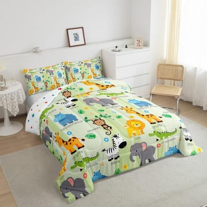 Erosebridal Kids Cartoon Jungle Animals Comforter Twin,Cute Elephant Hippo Comforter Set Crocodile Giraffe Monkey Bedding Set for Boys Girls,African Wildlife Bedding Quilted 1 Pillow Case Green