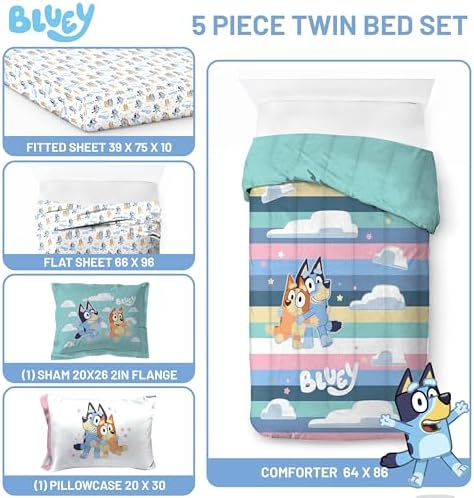 Bluey Bingo Twin Comforter Set 5 Piece Soft Kids Cartoon Bedding, Multi