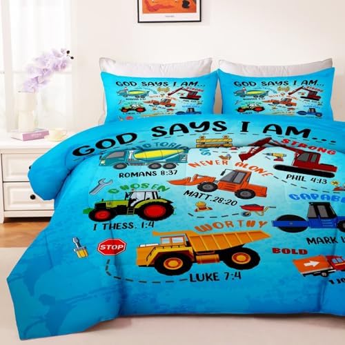 Boys Construction Vehicles Truck Comforter Set Full,Christian Kids God Says I Am Construction Bedding Set,Car Excavator Tractor Bedroom Set（1 Comforter 2 Pillowcase） Blue
