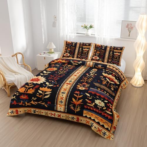 Nttopship Boho Floral Comforter Bedding Set with 2 Pillowcase Queen Size Retro Dark Floral Comforter Set for Kids Boys Girls Bedroom Decor