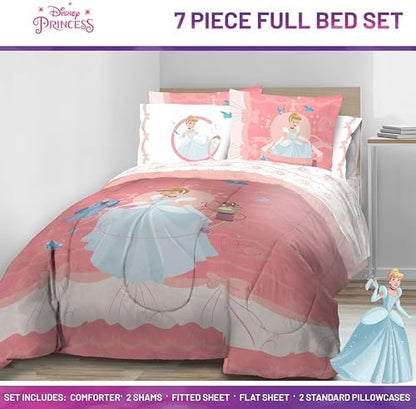 Disney Princess Full Size Comforter Set 7 Piece Kids Bedding, Pink