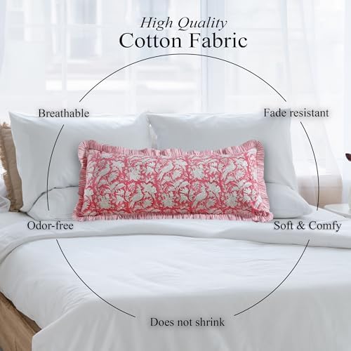 CPC Block Print Pink Coral Ruffle Cotton Lumbar Pillow Cover 14x36 inch