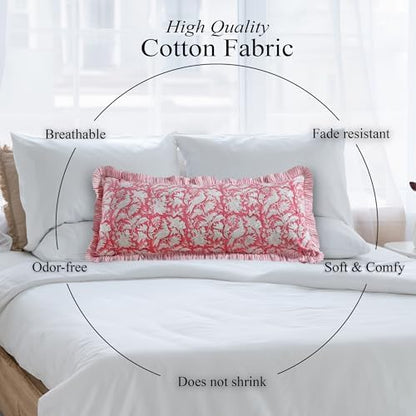 CPC Block Print Pink Coral Ruffle Cotton Lumbar Pillow Cover 14x36 inch