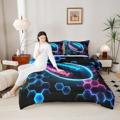 Erosebridal Rugby Sports Comforter Set for Kids Boys Girls Football Bedding Honeycomb Hexagon Duvet Set Colorful Neon Lights Comforter Full with 2 Pillowcases