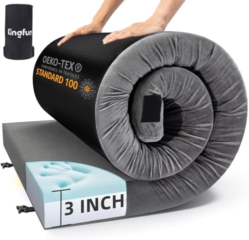 Kingfun 3 Inch CertiPUR-US Memory Foam Camping Mattress Pad, Waterproof Roll up Sleeping Pad, Thick Floor Sleeping Mats for Tent with Removable Travel Bag