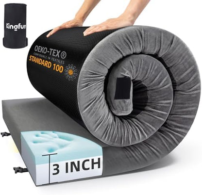 Kingfun 3 Inch CertiPUR-US Memory Foam Camping Mattress Pad, Waterproof Roll up Sleeping Pad, Thick Floor Sleeping Mats for Tent with Removable Travel Bag