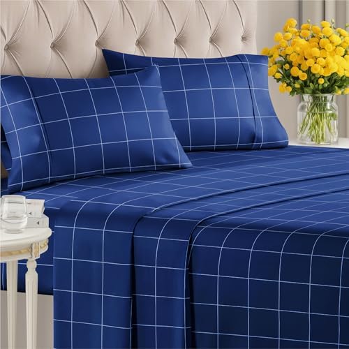 Queen 4 Piece Striped Sheet Set - Soft, Breathable & Cooling - Blue Grid