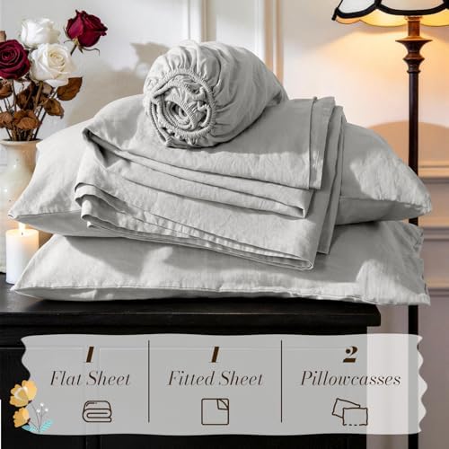 SONORO KATE 100% French Linen Cal King Size Sheets Set,Natural Flax Bedding