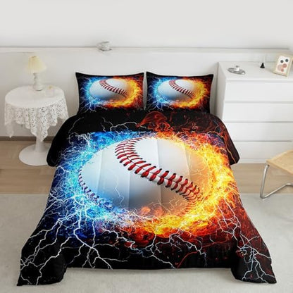 Erosebridal Baseball Comforter for Kids Teens, Sport Theme Bedding Full Size for Boys Softball Quilt Set Ice Fire Print Duvet Set, Ball Gaming Gamer Comforter Set Red Blue Black Bedroom Decor 3Pcs