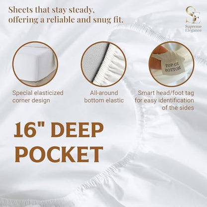 SUPREME ELEGANCE 100% Organic Cotton King Size Bed Sheets Set, Light Ivory